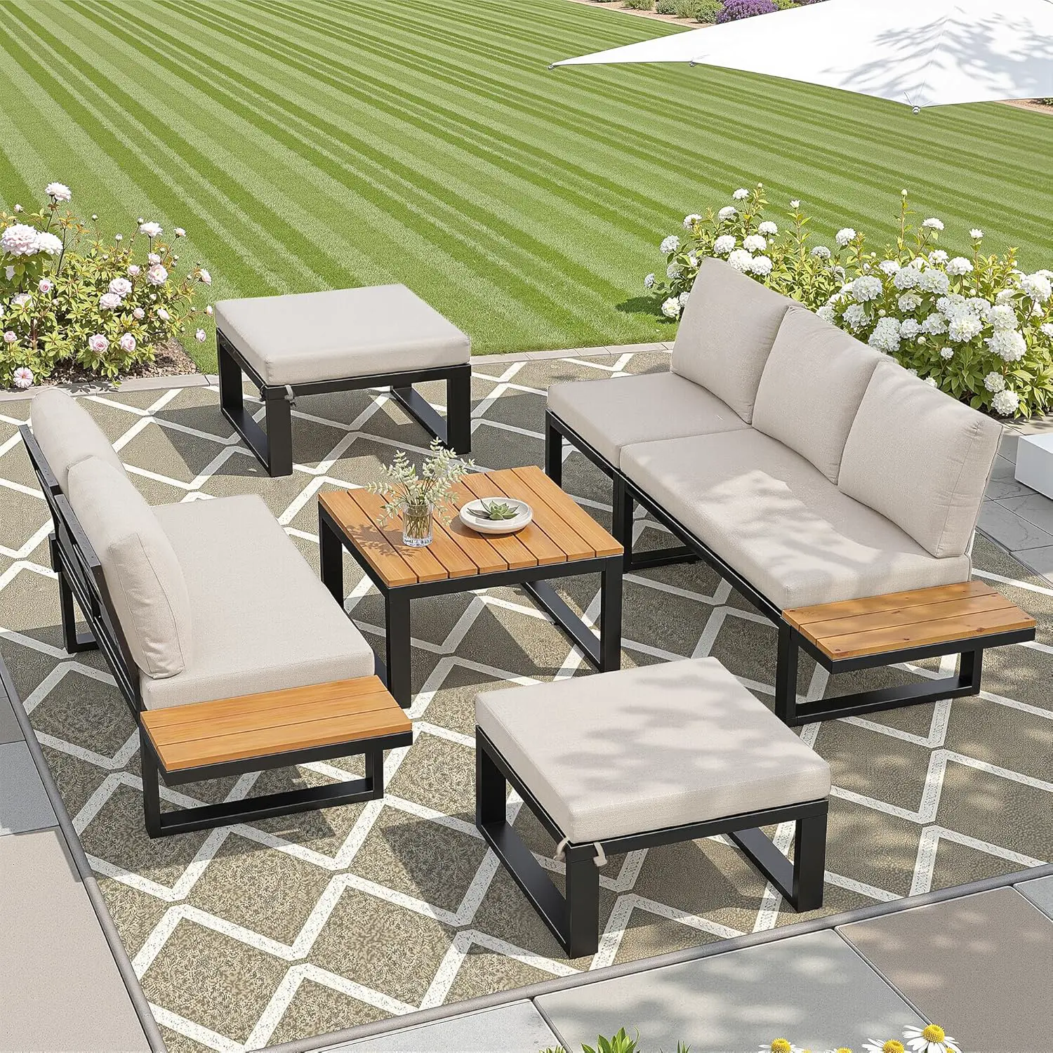 Salon de jardin 7 places en bois beige 57 x 40 cm vue 5