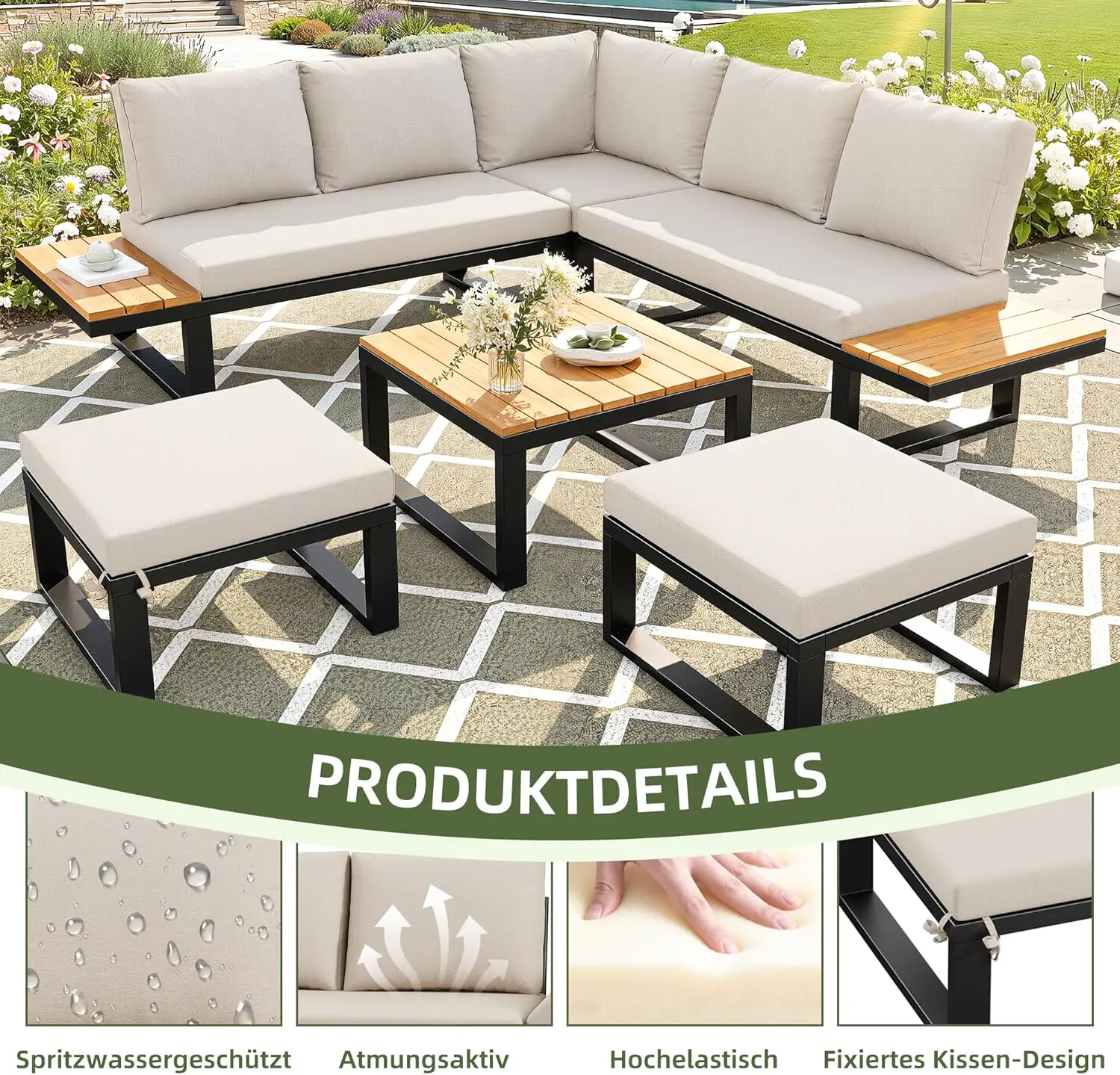 Salon de jardin 7 places en bois beige 57 x 40 cm vue 8