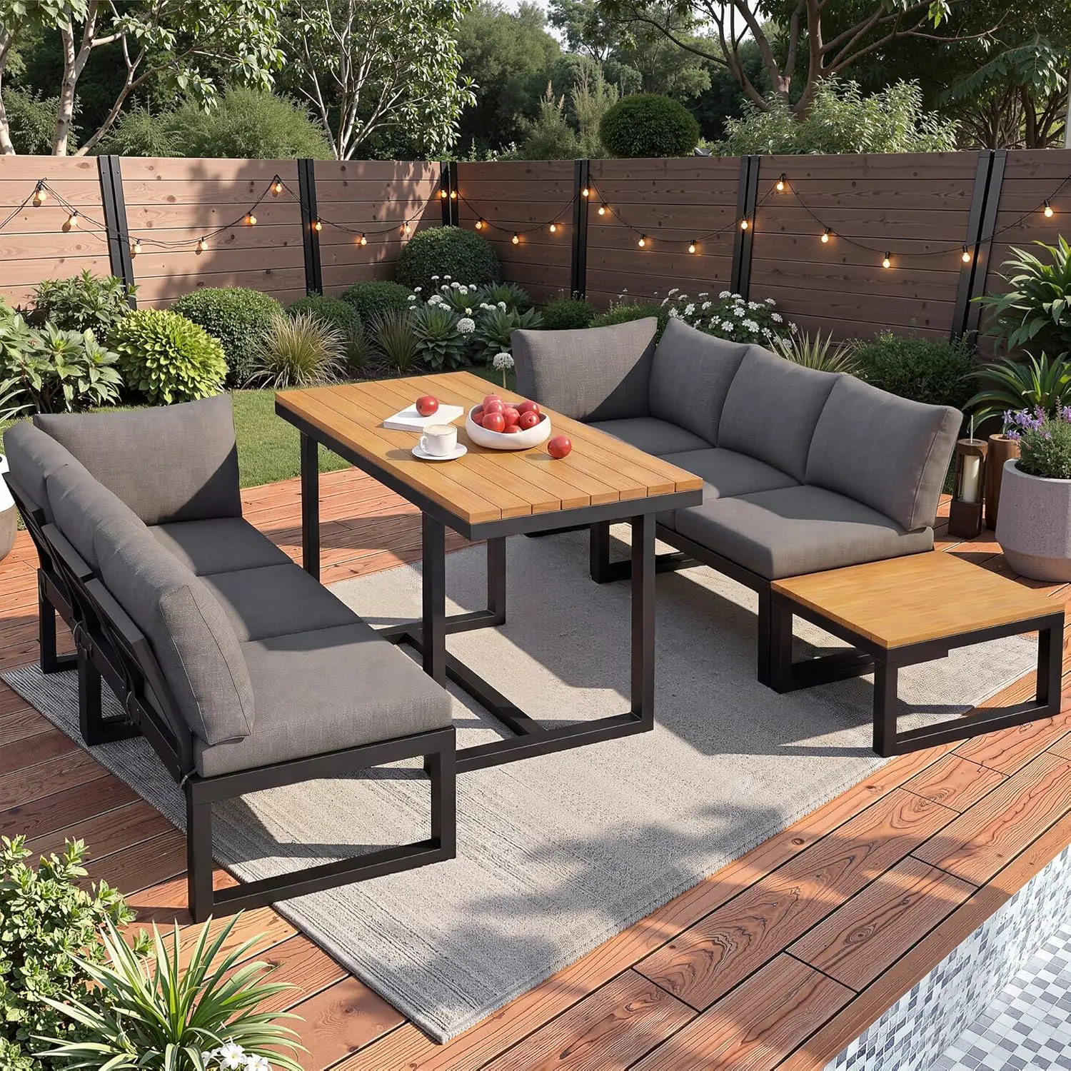 Salon de jardin 6 places en bois gris 1,67 x 0,78 m vue 4