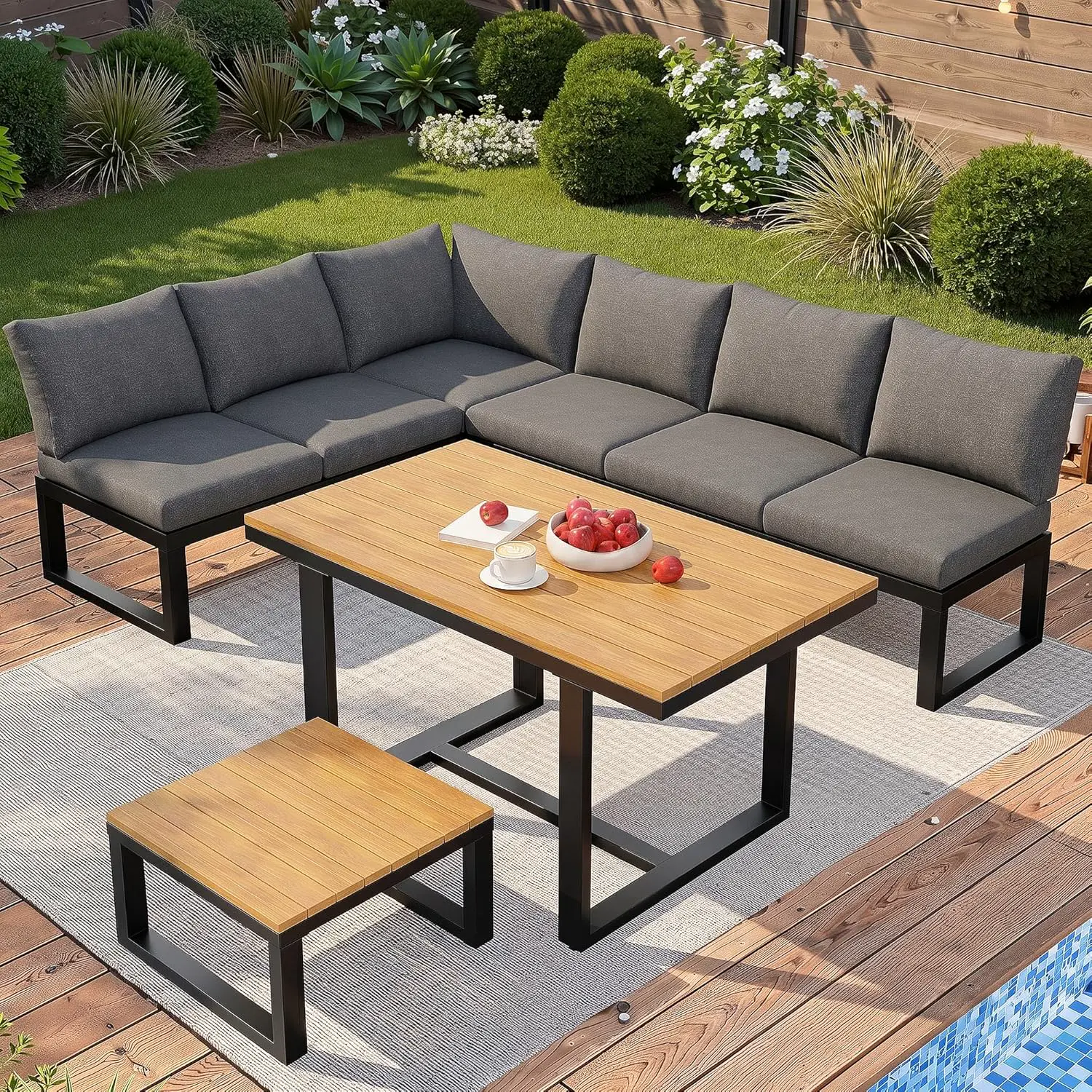 Salon de jardin 6 places en bois gris 1,67 x 0,78 m vue 5