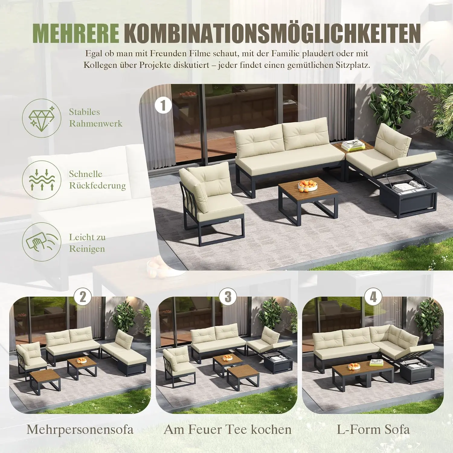 Salon de jardin 5 places beige 191,5x79cm vue 6