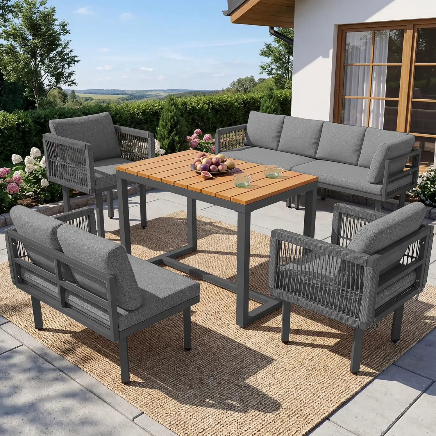Salon de jardin 8 places en bois gris 174x76cm vue 3