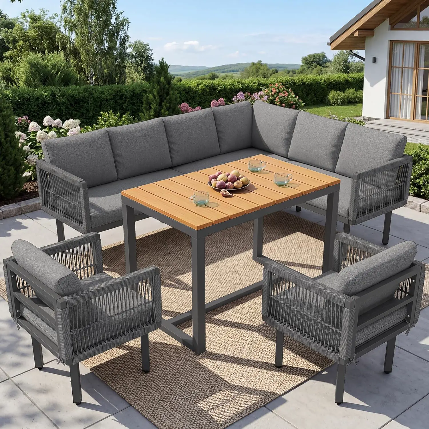 Salon de jardin 8 places en bois gris 174x76cm vue 4