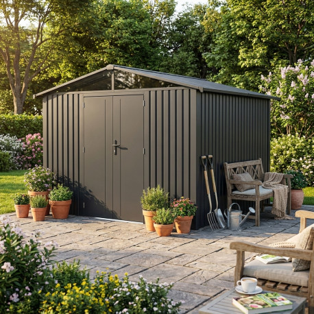 Abri de jardin en acier galvanisé Kosto double pente gris foncé 7,56m² + kit d'ancrage - X-Métal