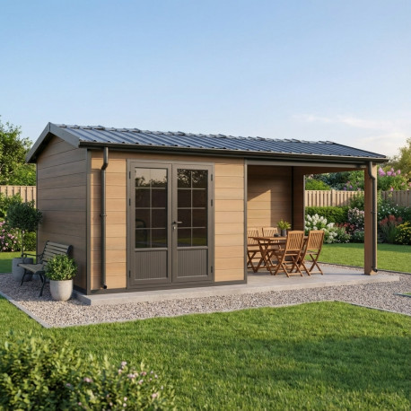 Abri de jardin en bois composite avec structure aluminium bois vieilli 7,8m² + 7,8m² terrasse - Woodlife Garden